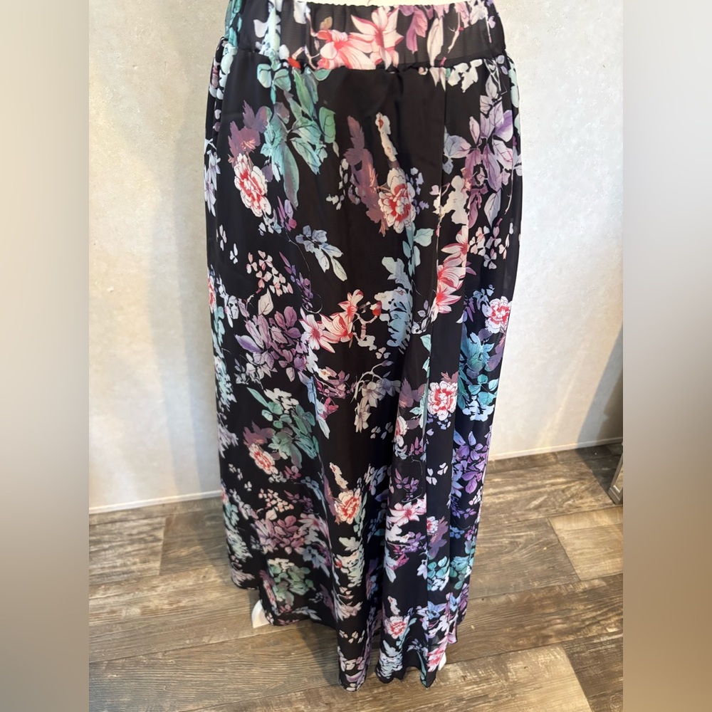 Black Floral Maxi Skirt with Mint, Lavender and Coral Accents